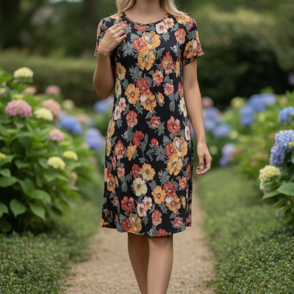 Elegant Floral Midi Dress in Black With Multicolored Flowers